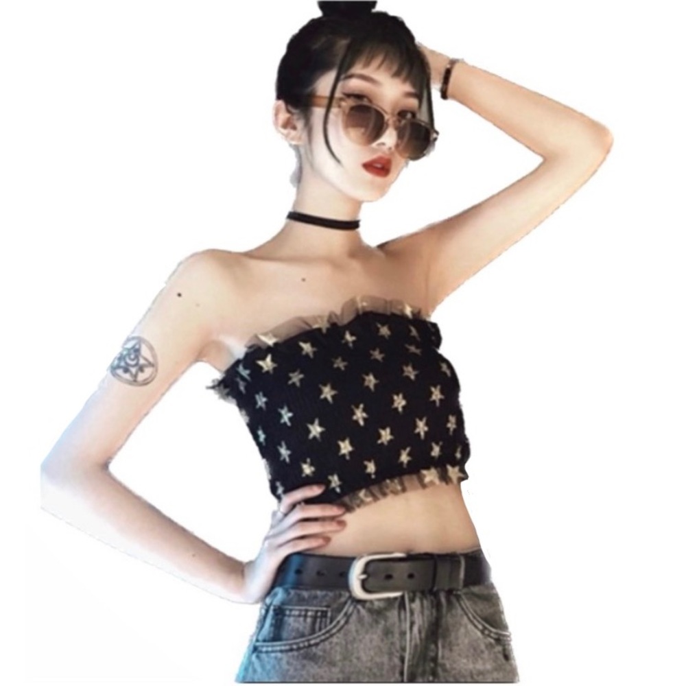 Princie Black and Gold Star Elastic Scrunch Strapless Ruffle Tulle Tube Top